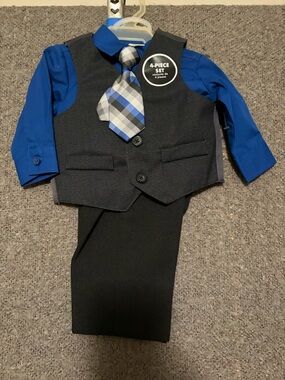 George Royal Blue Shirt with Black Vest and Gray Plaid Tie